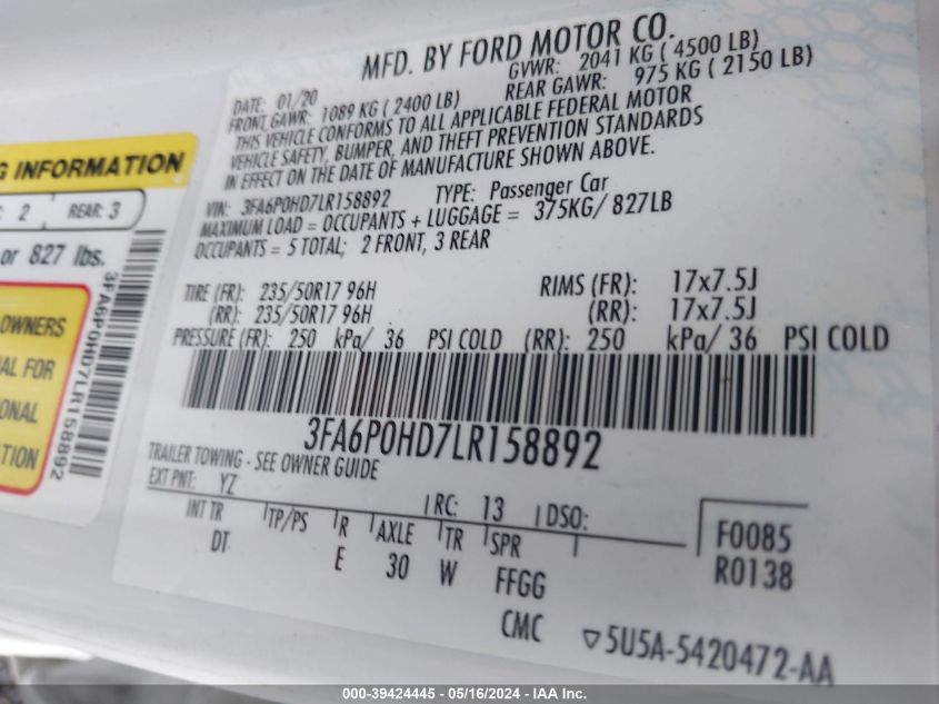 2020 FORD FUSION SE - 3FA6P0HD7LR158892