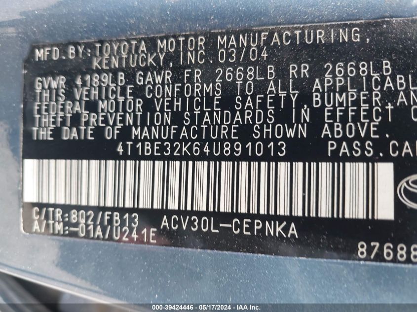 2004 Toyota Camry Le VIN: 4T1BE32K64U891013 Lot: 39424446