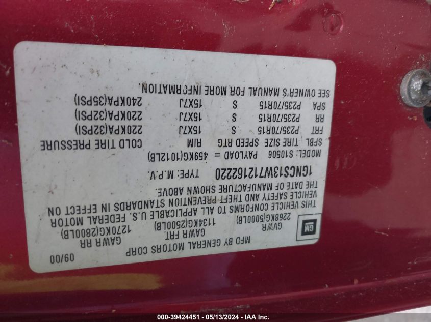 2001 Chevrolet Blazer Lt VIN: 1GNCS13W712162220 Lot: 39424451