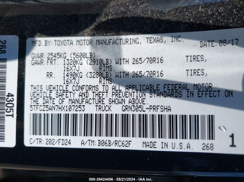 2017 Toyota Tacoma Trd Off Road VIN: 5TFCZ5AN7HX107253 Lot: 39424456