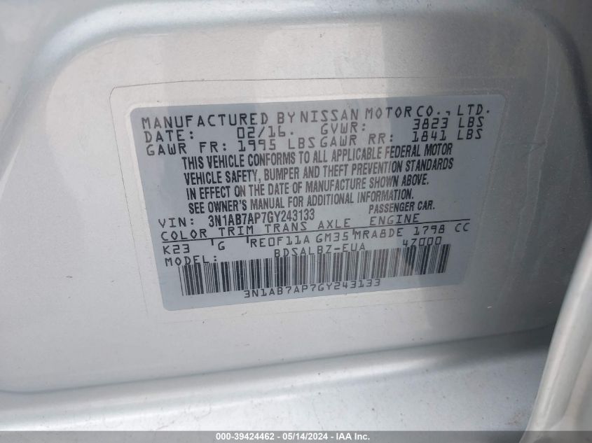 2016 Nissan Sentra S VIN: 3N1AB7AP7GY243133 Lot: 39424462