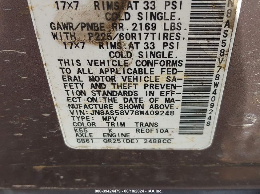 2008 Nissan Rogue Sl VIN: JN8AS58V78W409248 Lot: 39424479