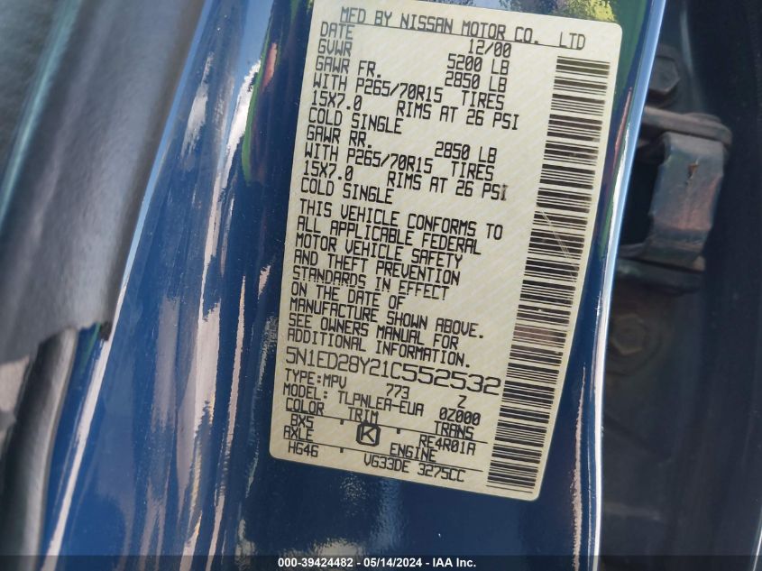 2001 Nissan Xterra Xe VIN: 5N1ED28Y21C552532 Lot: 39424482