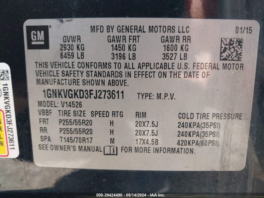 2015 Chevrolet Traverse 1Lt VIN: 1GNKVGKD3FJ273611 Lot: 39424490