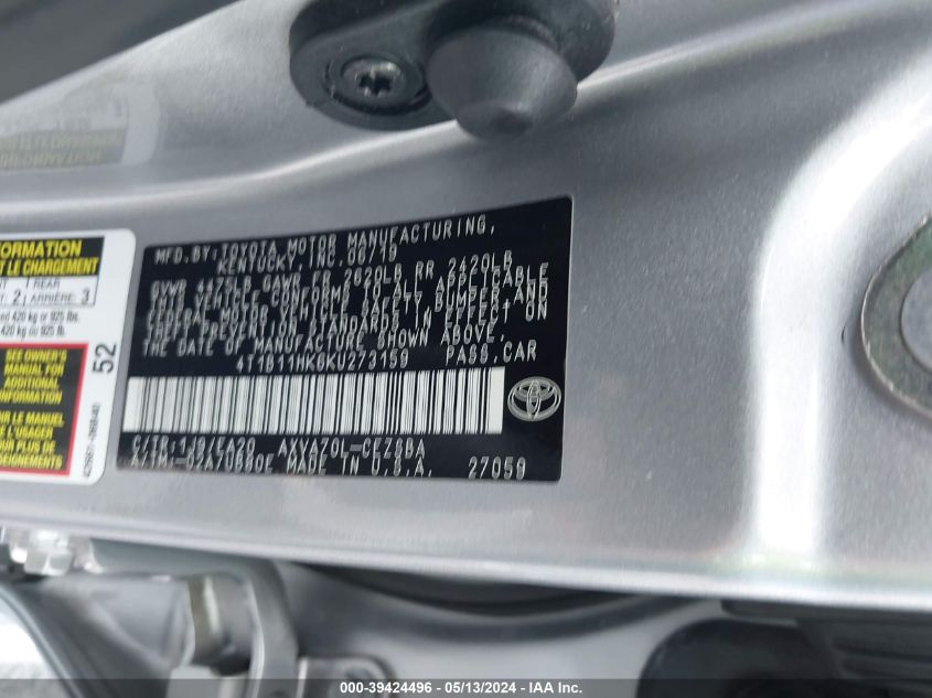 2019 Toyota Camry Se VIN: 4T1B11HK6KU273159 Lot: 39424496