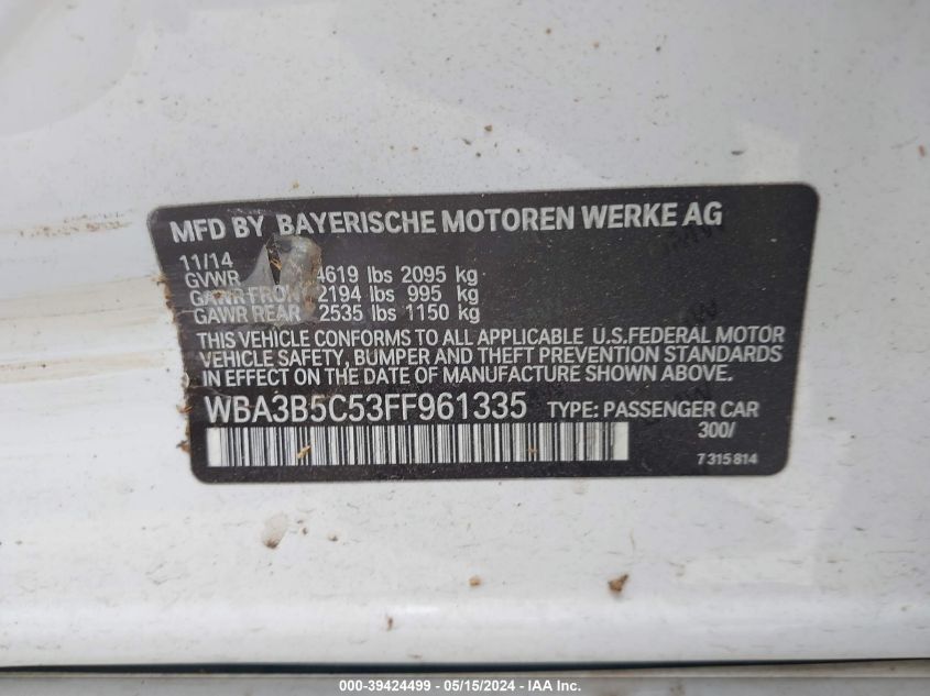 2015 BMW 328I xDrive VIN: WBA3B5C53FF961335 Lot: 39424499