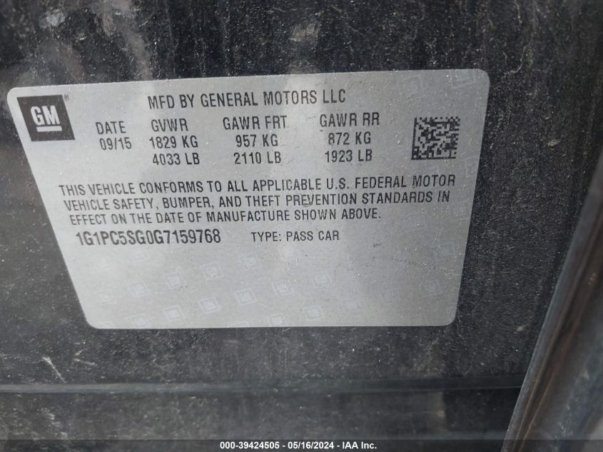 2016 Chevrolet Cruze Limited Ls Auto VIN: 1G1PC5SG0G7159768 Lot: 39424505