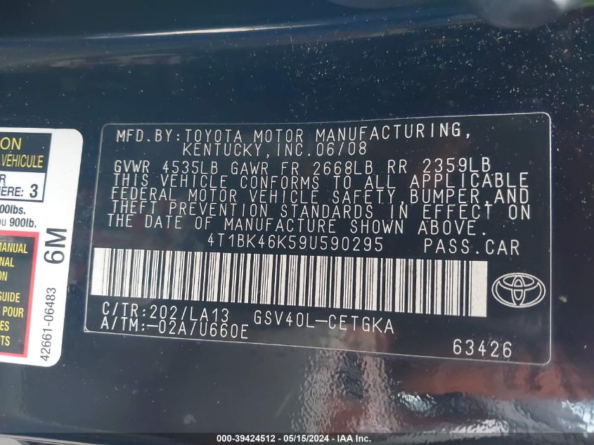 2009 Toyota Camry Xle V6 VIN: 4T1BK46K59U590295 Lot: 39424512