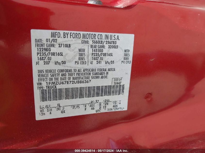 2002 Ford Explorer Sport Trac VIN: 1FMZU67E72UB86367 Lot: 39424514