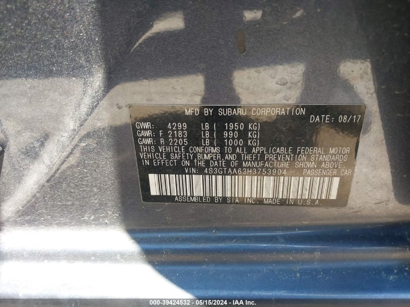 2017 Subaru Impreza 2.0I VIN: 4S3GTAA63H3753904 Lot: 39424532