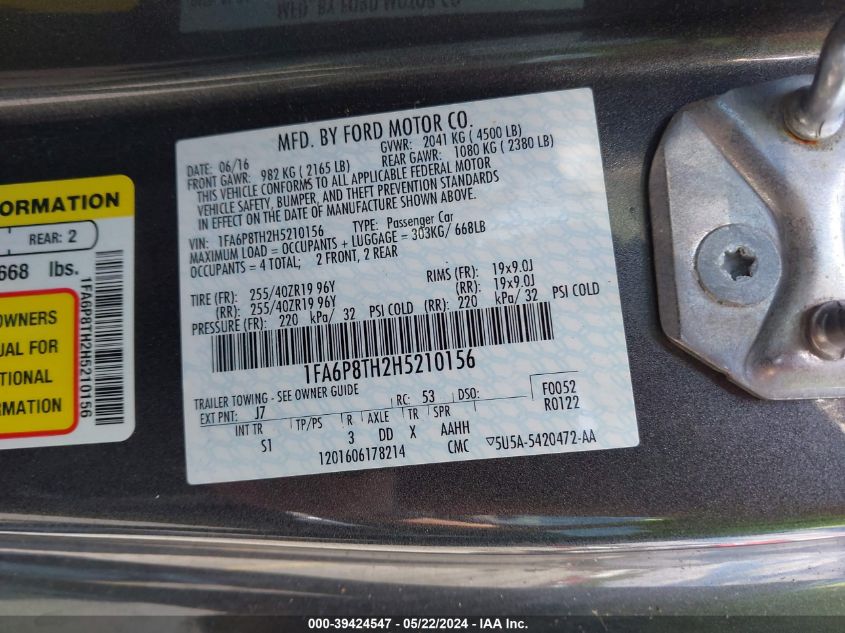 2017 Ford Mustang Ecoboost VIN: 1FA6P8TH2H5210156 Lot: 39424547