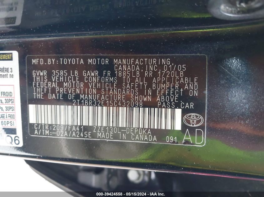 2005 Toyota Corolla Ce VIN: 2T1BR32E15C432098 Lot: 39424558