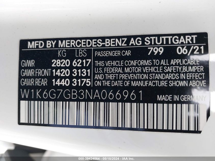 W1K6G7GB3NA066961 2022 Mercedes-Benz S 580 4Matic