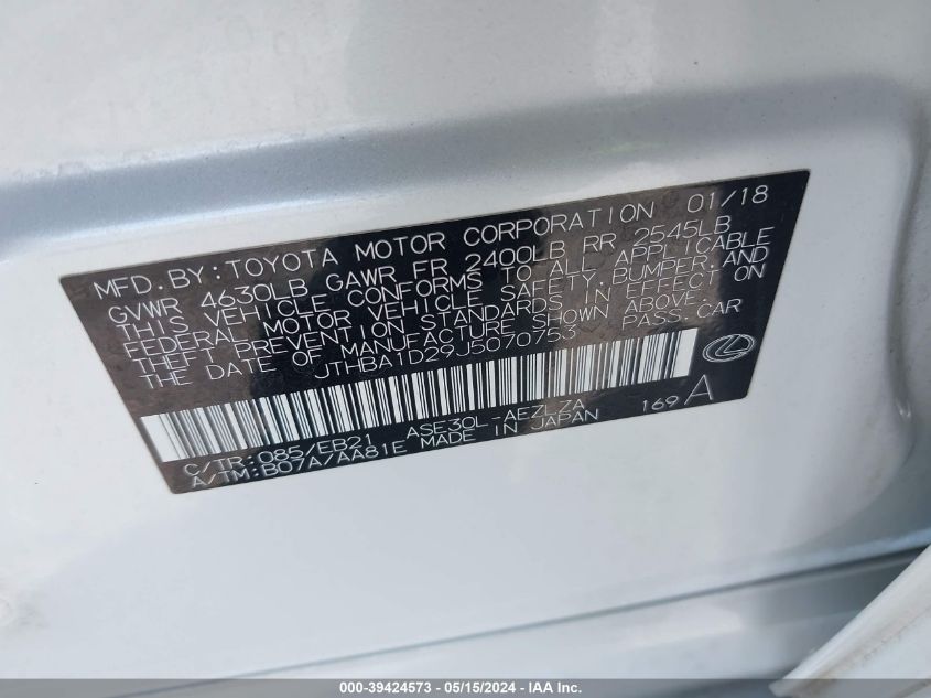 2018 Lexus Is 300 VIN: JTHBA1D29J5070753 Lot: 39424573