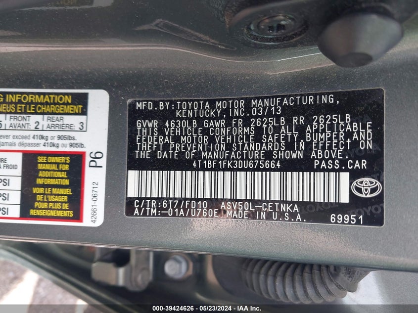 2013 Toyota Camry Le VIN: 4T1BF1FK3DU675664 Lot: 39424626