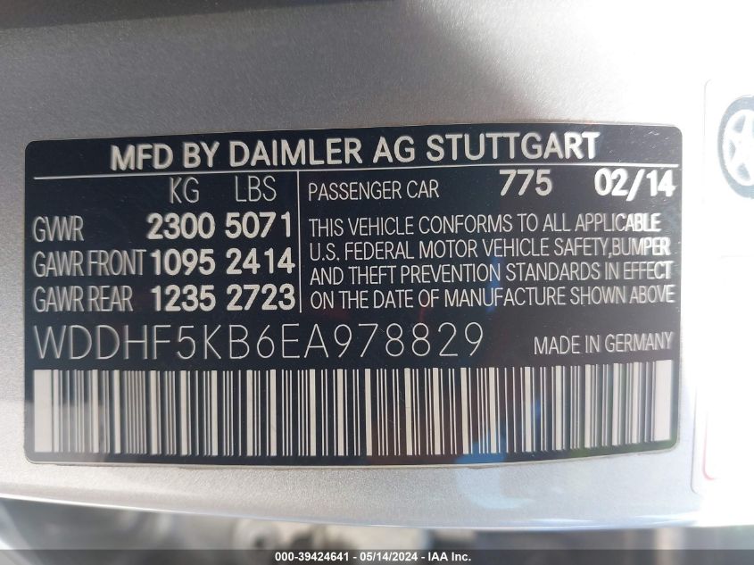 2014 Mercedes-Benz E 350 VIN: WDDHF5KB6EA978829 Lot: 39424641