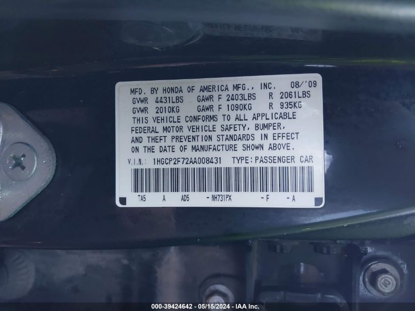 2010 Honda Accord 2.4 Ex VIN: 1HGCP2F72AA008431 Lot: 39424642