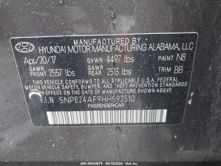 2017 Hyundai Sonata VIN: 5NPE24AF9HH592510 Lot: 39424679