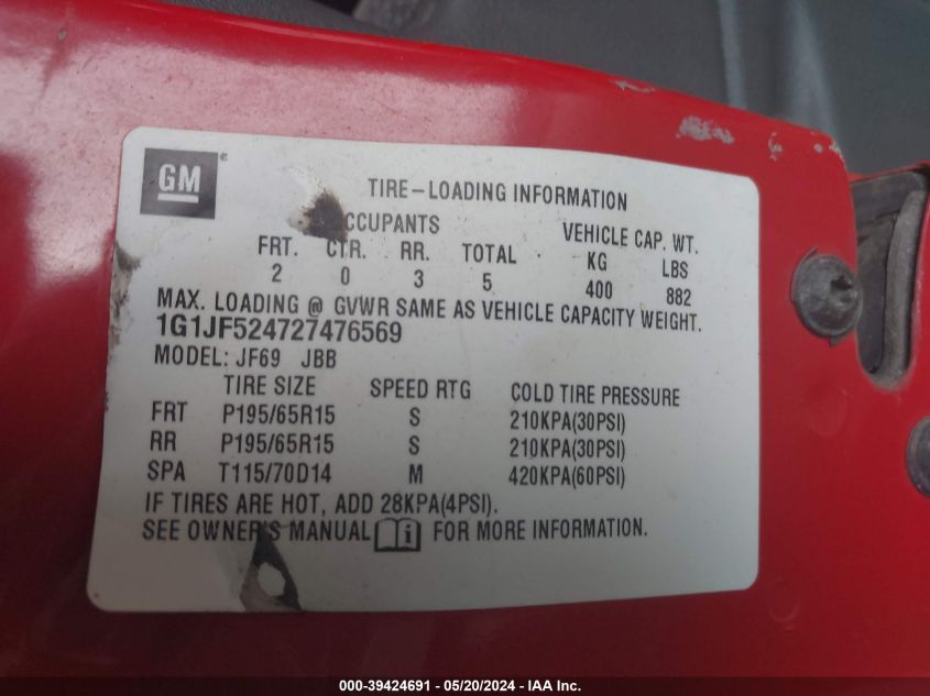 2002 Chevrolet Cavalier Ls VIN: 1G1JF524727476569 Lot: 39424691