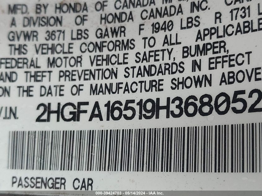 2009 Honda Civic Lx VIN: 2HGFA16519H368052 Lot: 39424703