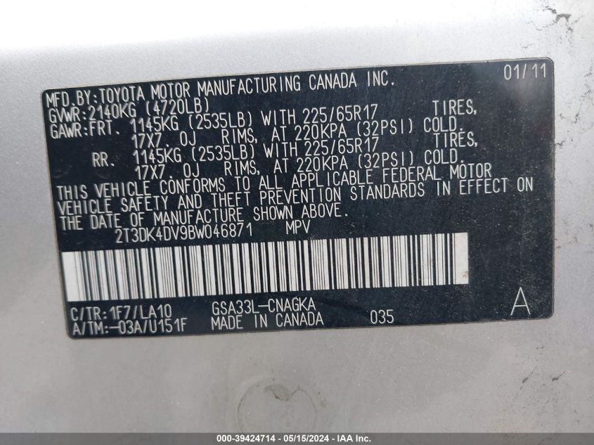 2011 Toyota Rav4 Limited V6 VIN: 2T3DK4DV9BW046871 Lot: 39424714