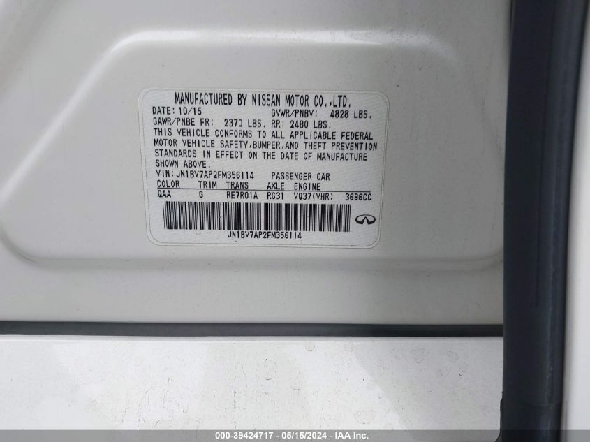 2015 Infiniti Q50 Premium VIN: JN1BV7AP2FM356114 Lot: 39424717