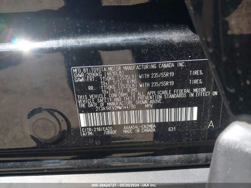 2021 Toyota Rav4 Xle Premium VIN: 2T3A1RFV2MW144790 Lot: 39424737