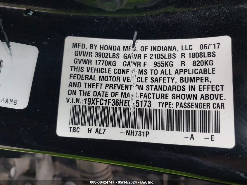 VIN 19XFC1F36HE025173 2017 HONDA CIVIC EX-T