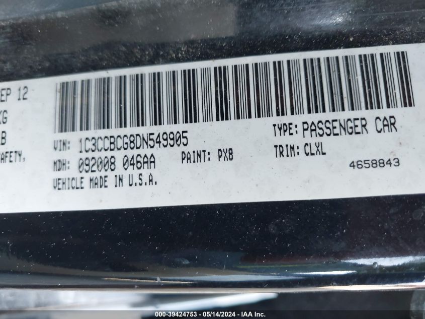 2013 Chrysler 200 Limited VIN: 1C3CCBCG8DN549905 Lot: 39424753