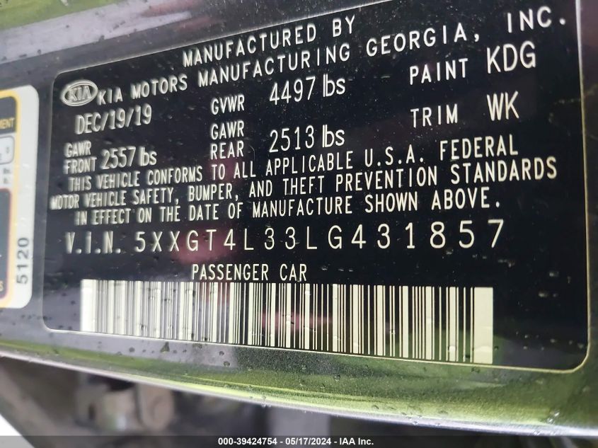 2020 Kia Optima Lx VIN: 5XXGT4L33LG431857 Lot: 39424754
