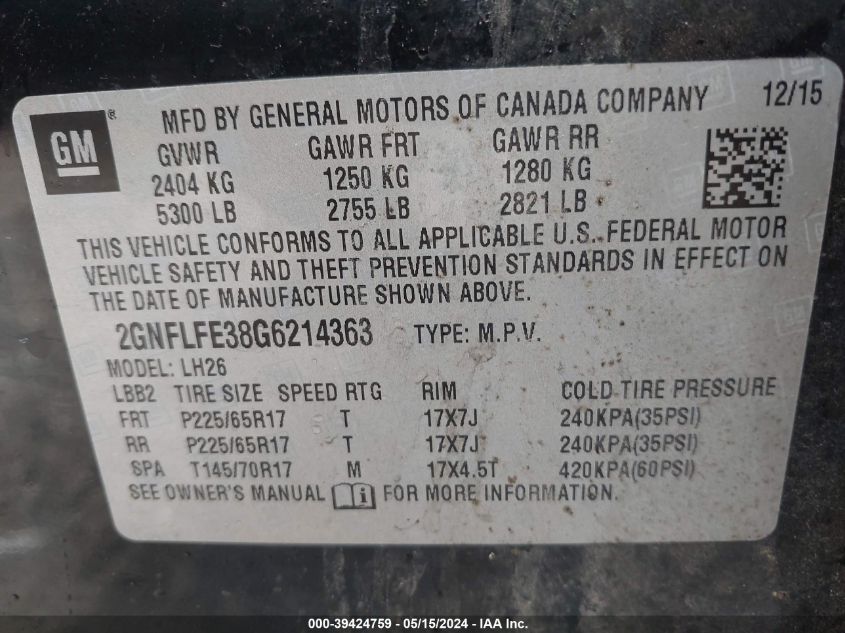 2016 Chevrolet Equinox Lt VIN: 2GNFLFE38G6214363 Lot: 39424759