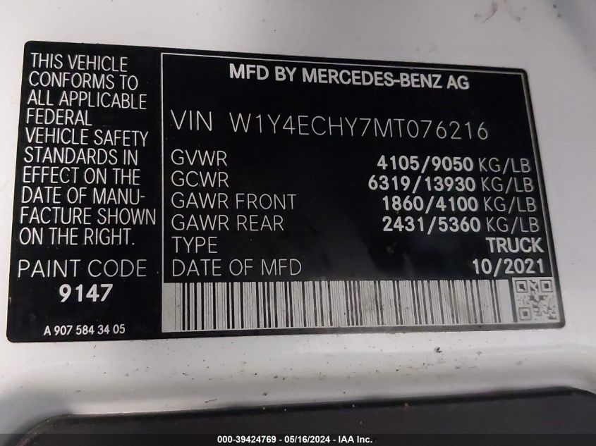 2021 Mercedes-Benz Sprinter 2500 VIN: W1Y4ECHY7MT076216 Lot: 39424769