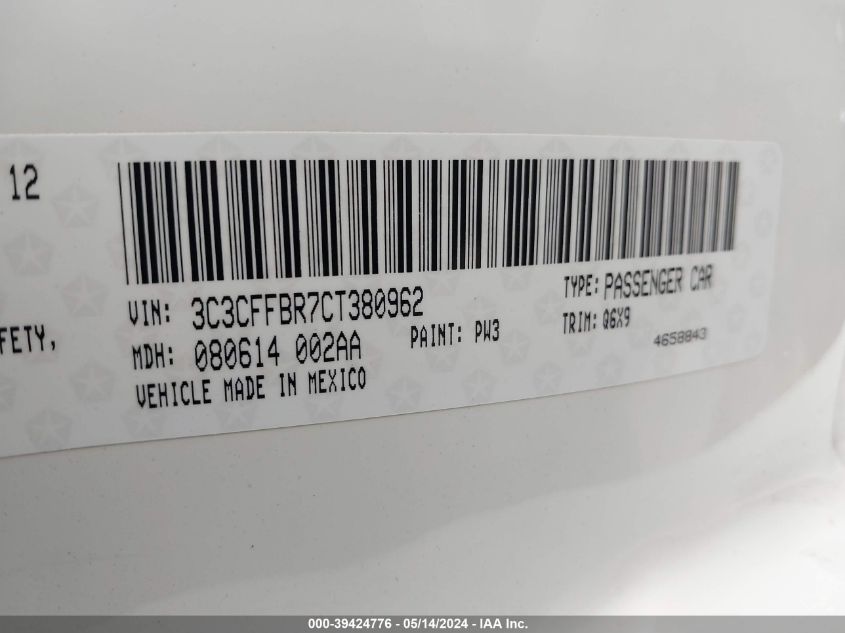 2012 Fiat 500 Sport VIN: 3C3CFFBR7CT380962 Lot: 39424776