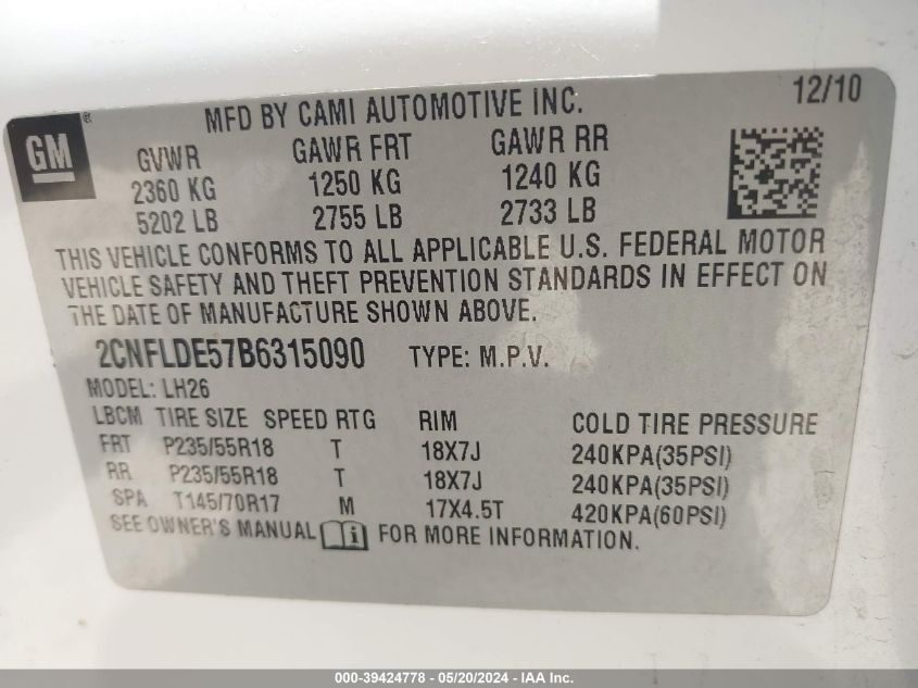 2011 Chevrolet Equinox 1Lt VIN: 2CNFLDE57B6315090 Lot: 39424778