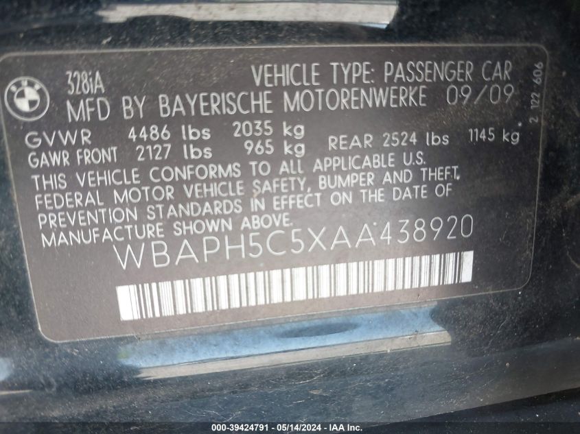 2010 BMW 328 I Sulev VIN: WBAPH5C5XAA438920 Lot: 39424791