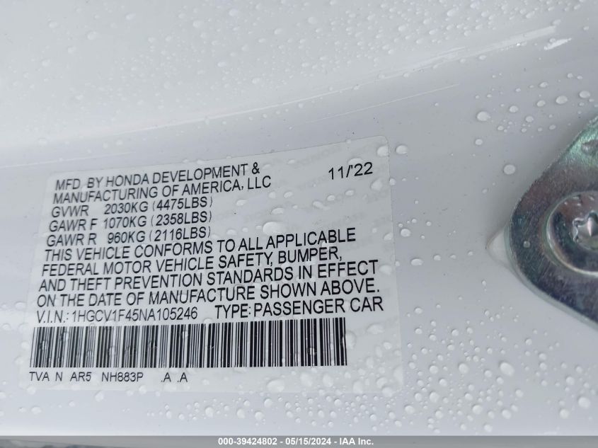 2022 Honda Accord Sport Special Edition VIN: 1HGCV1F45NA105246 Lot: 39424802