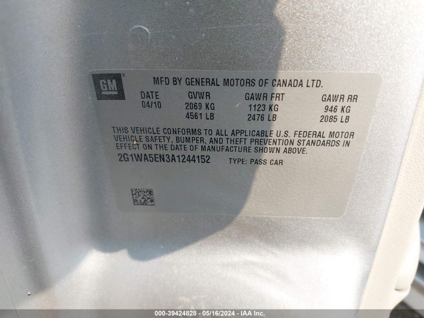 2010 Chevrolet Impala Ls VIN: 2G1WA5EN3A1244152 Lot: 39424828