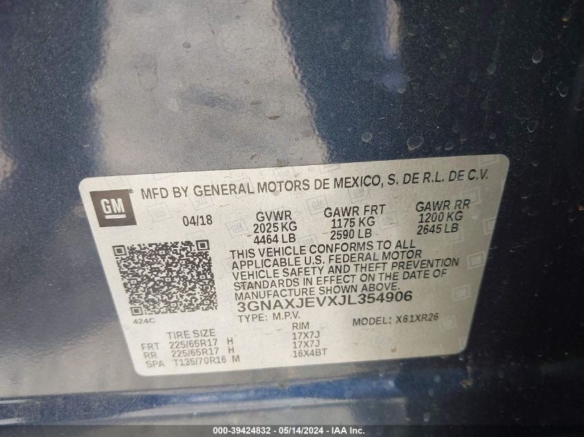 2018 Chevrolet Equinox Lt VIN: 3GNAXJEVXJL354906 Lot: 39424832