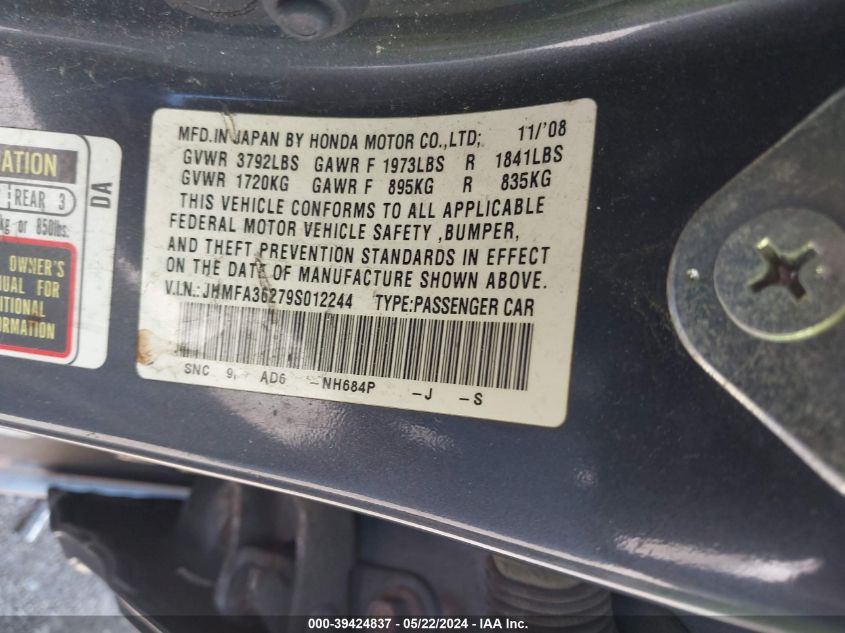 2009 Honda Civic Hybrid VIN: JHMFA36279S012244 Lot: 39424837