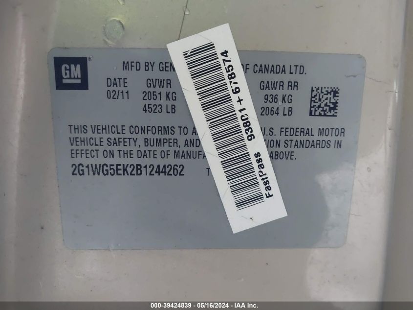 2011 Chevrolet Impala Lt VIN: 2G1WG5EK2B1244262 Lot: 39424839