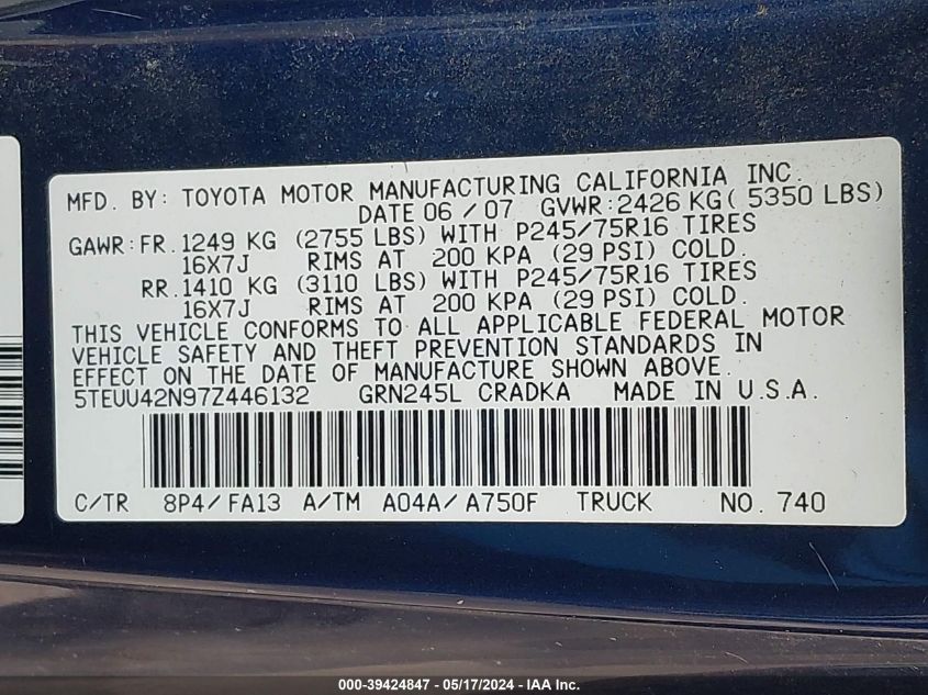 2007 Toyota Tacoma Base V6 VIN: 5TEUU42N97Z446132 Lot: 39424847