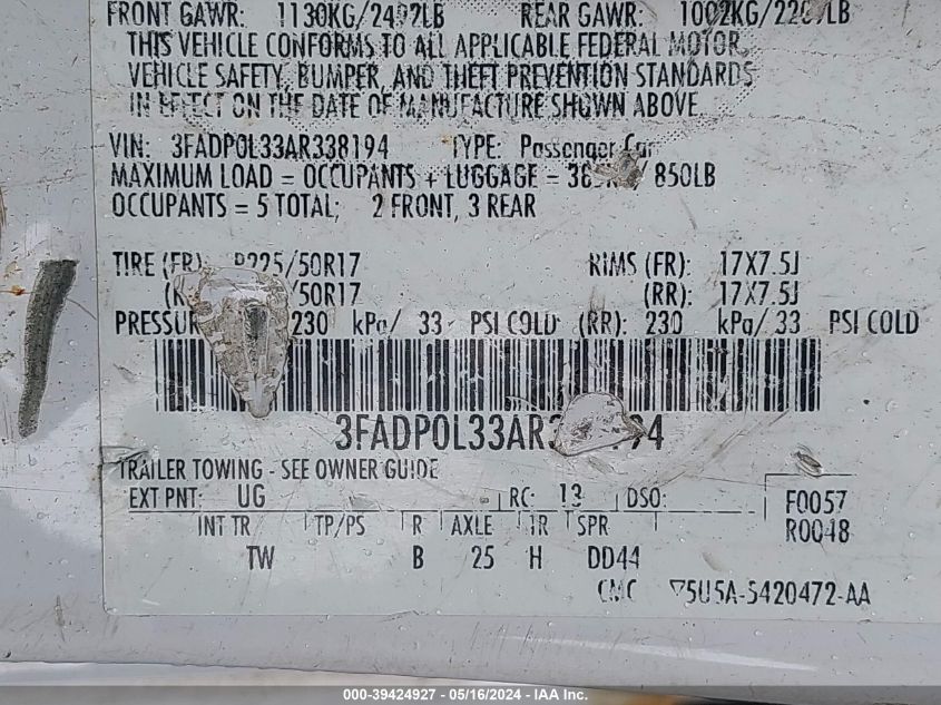 2010 Ford Fusion Hybrid VIN: 3FADP0L33AR338194 Lot: 39424927