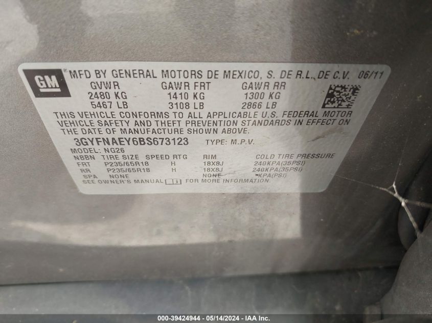 2011 Cadillac Srx Luxury Collection VIN: 3GYFNAEY6B5673123 Lot: 39424944