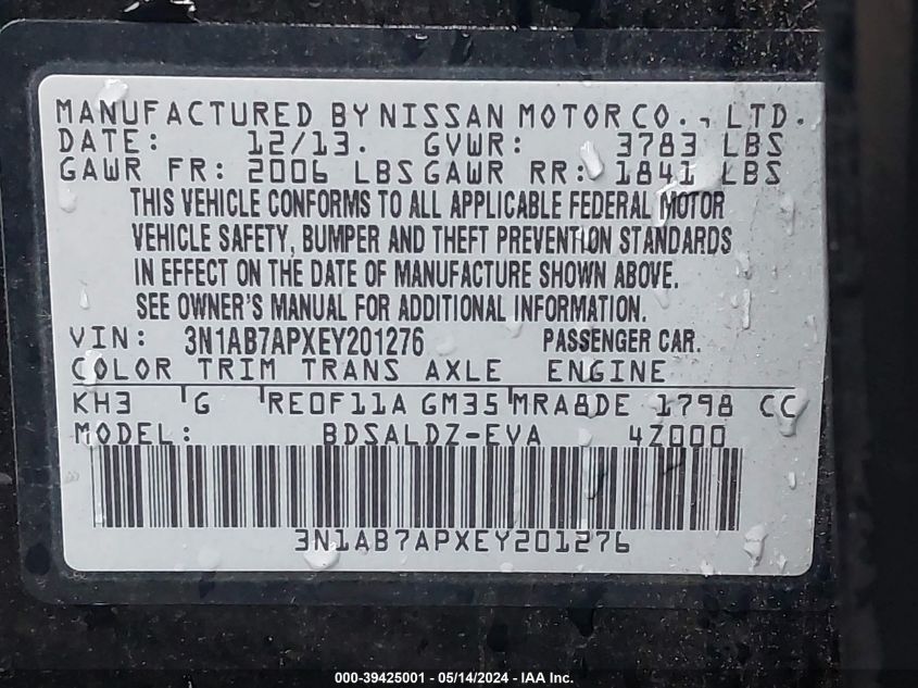 2014 Nissan Sentra Sv VIN: 3N1AB7APXEY201276 Lot: 39425001