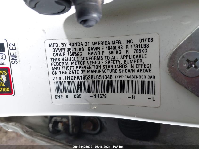 2008 Honda Civic Lx VIN: 1HGFA16528L051348 Lot: 39425002