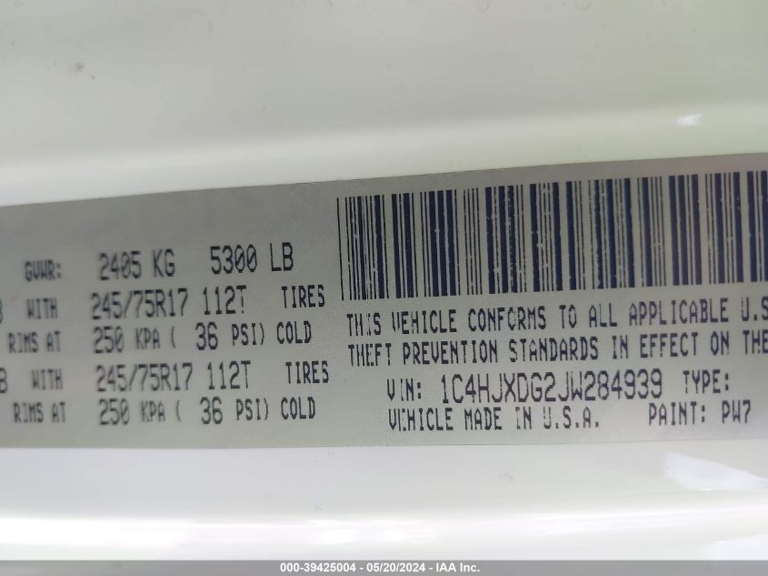 2018 Jeep Wrangler Unlimited Sport 4X4 VIN: 1C4HJXDG2JW284939 Lot: 39425004