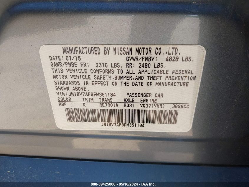 2015 Infiniti Q50 Premium VIN: JN1BV7AP9FM351184 Lot: 39425008