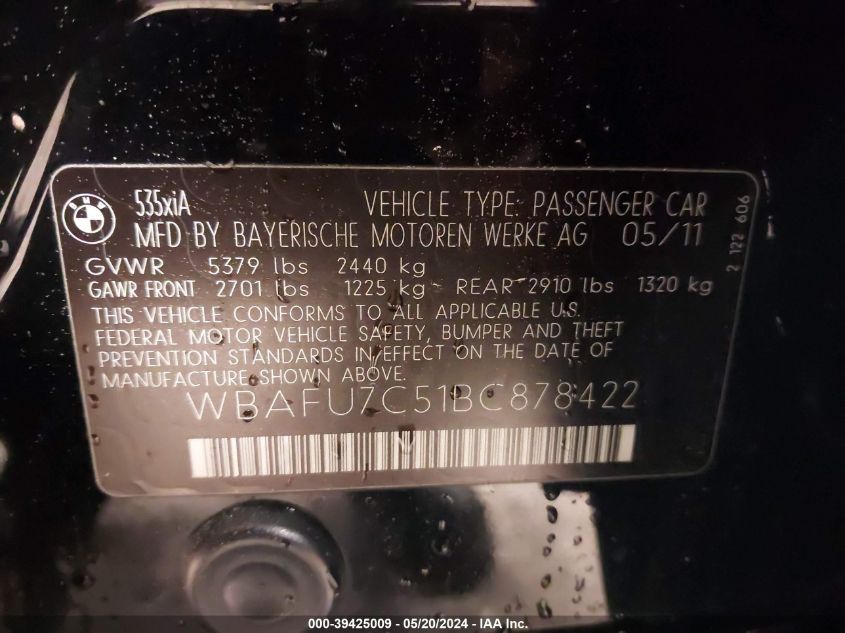 2011 BMW 535I xDrive VIN: WBAFU7C51BC878422 Lot: 39425009