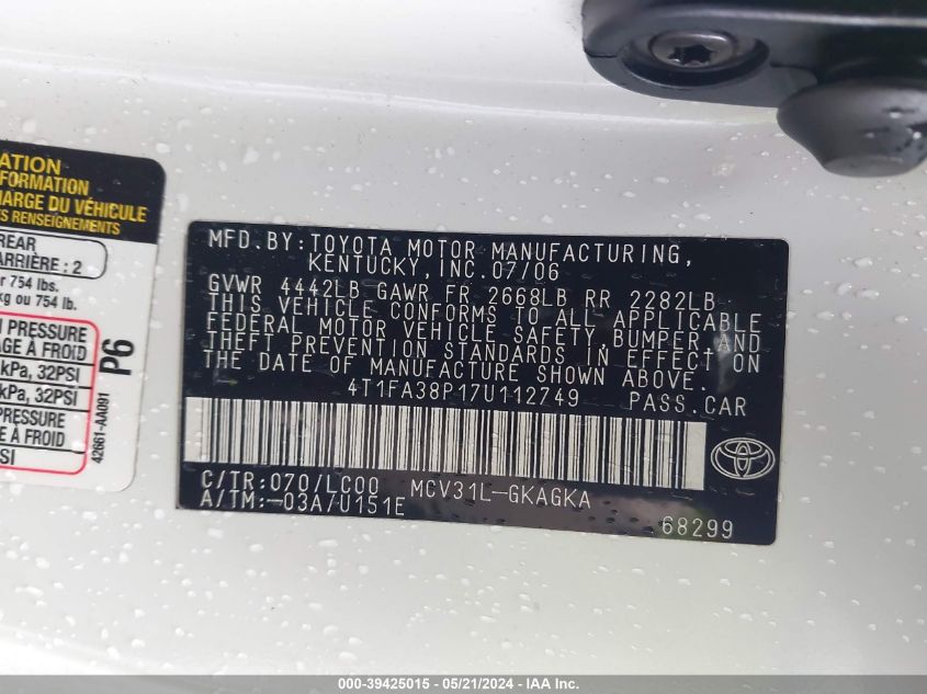 2007 Toyota Camry Solara Sle VIN: 4T1FA38P17U112749 Lot: 39425015