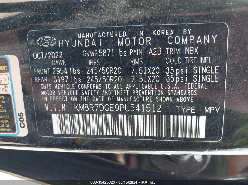 2023 Hyundai Palisade Calligraphy VIN: KM8R7DGE9PU541512 Lot: 39425023